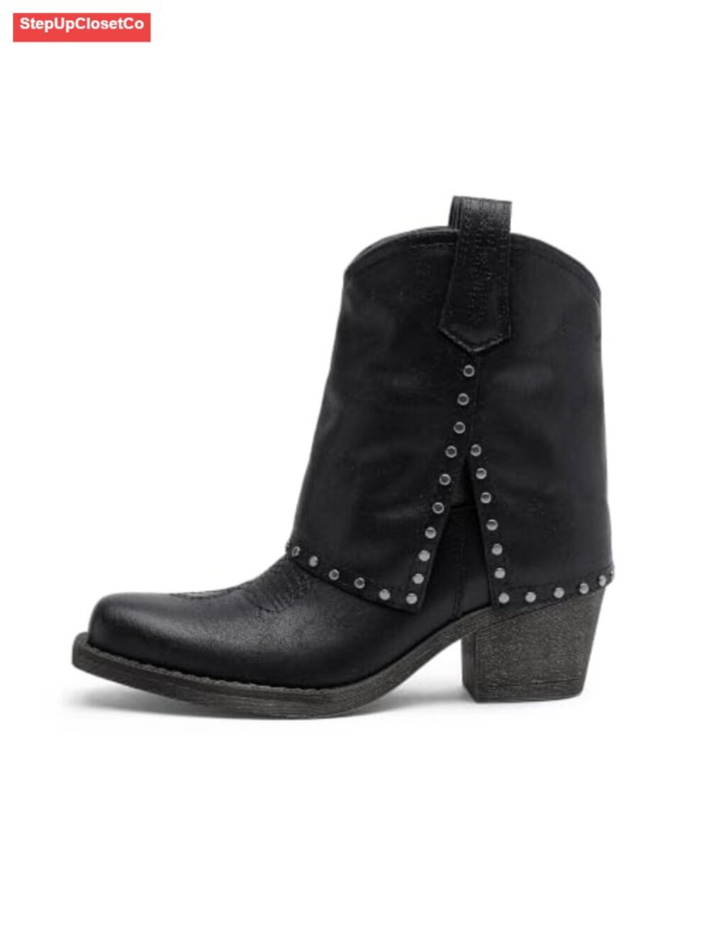 Studded Western Ankle Boot Square Toe Low Block Heel Pull On